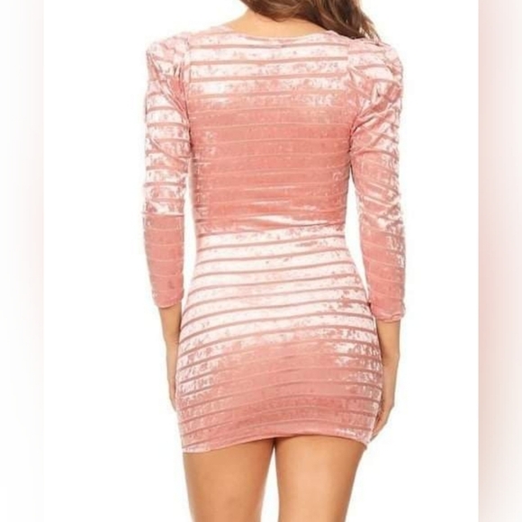 Velvet Feel Long Puff Sleeve Bodycon Mini Dress Pink - Picture 2 of 11